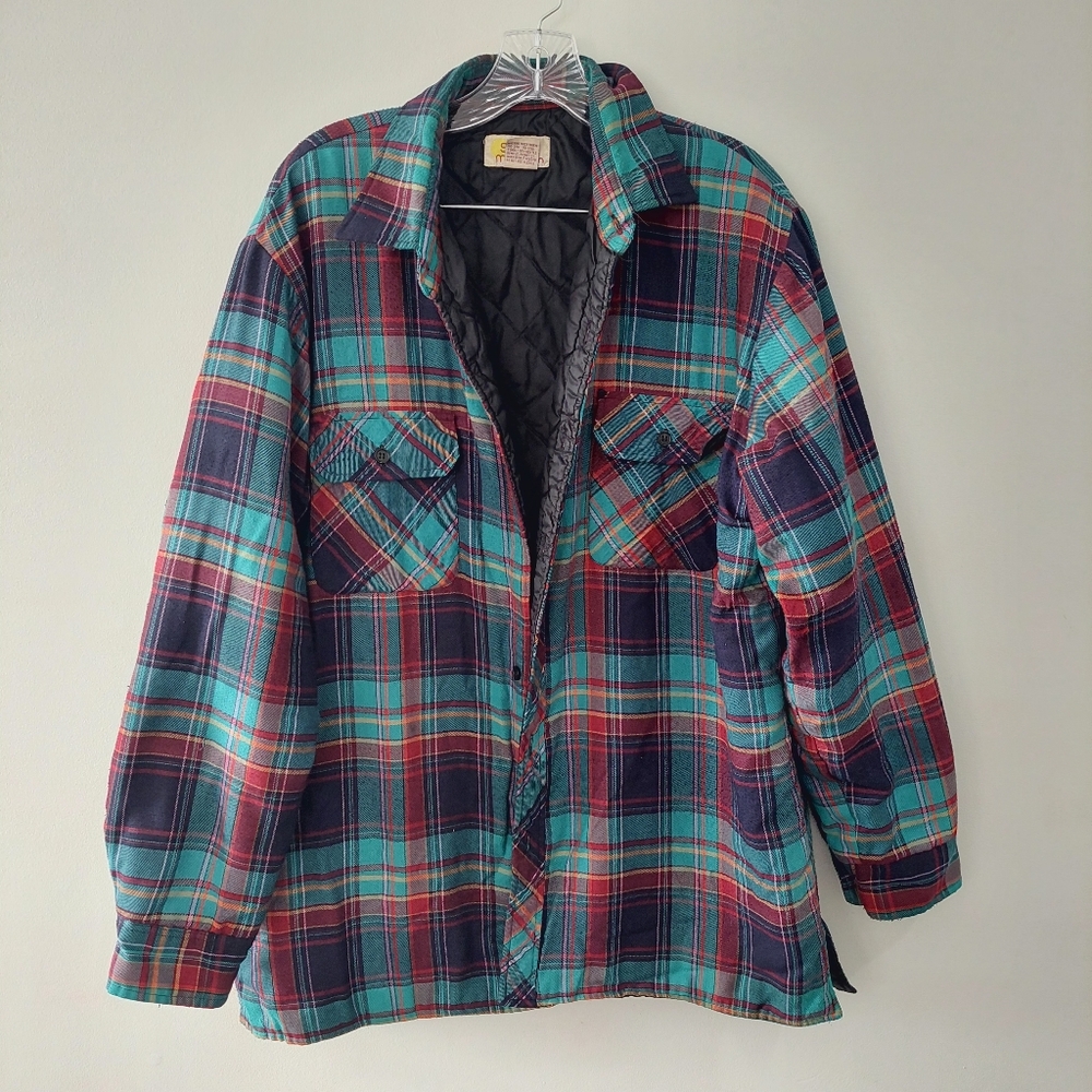 South Mountain Men's Shacket Large plaid teal red blue button front pocket